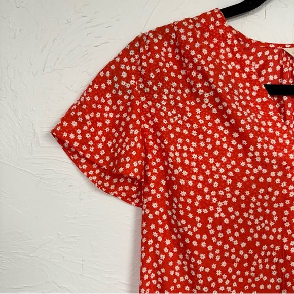 Rebecca Taylor Red Ditsy Floral Blouse Womens 2 Petal Sleeve Silk Blend Top - Picture 2 of 11